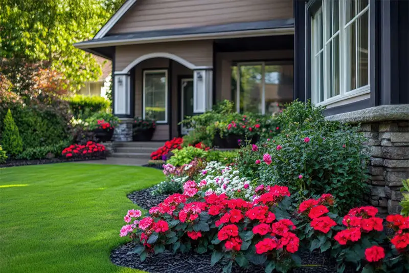 Front yard with decorative plants and flowers.