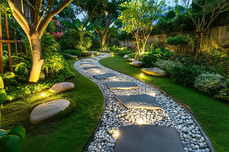 Garden stone walkway with lighted candles in the evening.