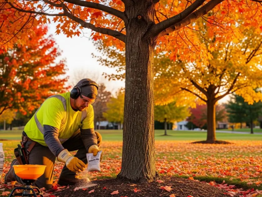 Professional performing fall tree service to prepare trees for winter.